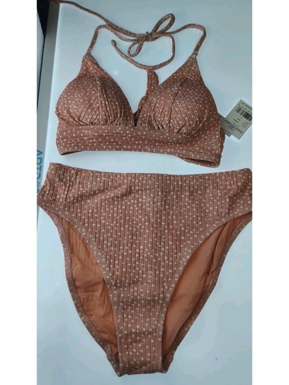 Robin Piccone NWT Polka Dot Ribbed Triangle Halter Bikini Set Medium Peach M